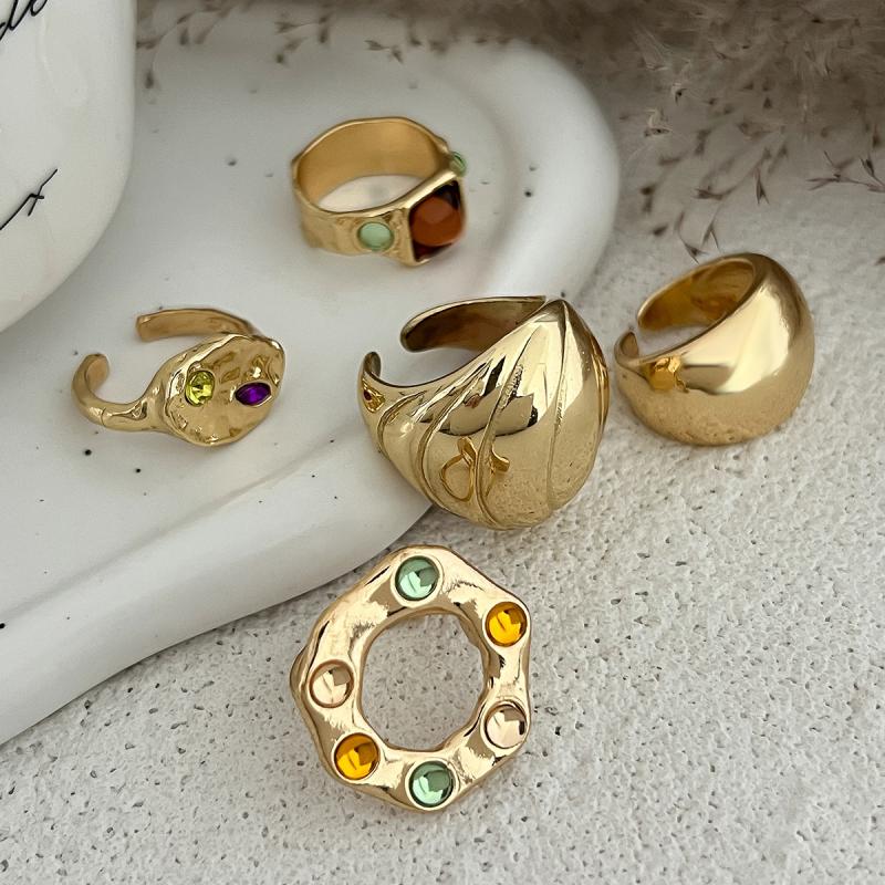 5Pcs Vintage Irregular Metal Large Circular Rings For Women Colorful Rhinestone Opening Rings Fashion Jewelry Accessories Gifts
