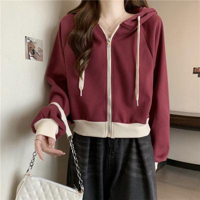 Real Shot Cotton Hooded Drawstring Sweater Women's Thin Loose Short Cardigan Top