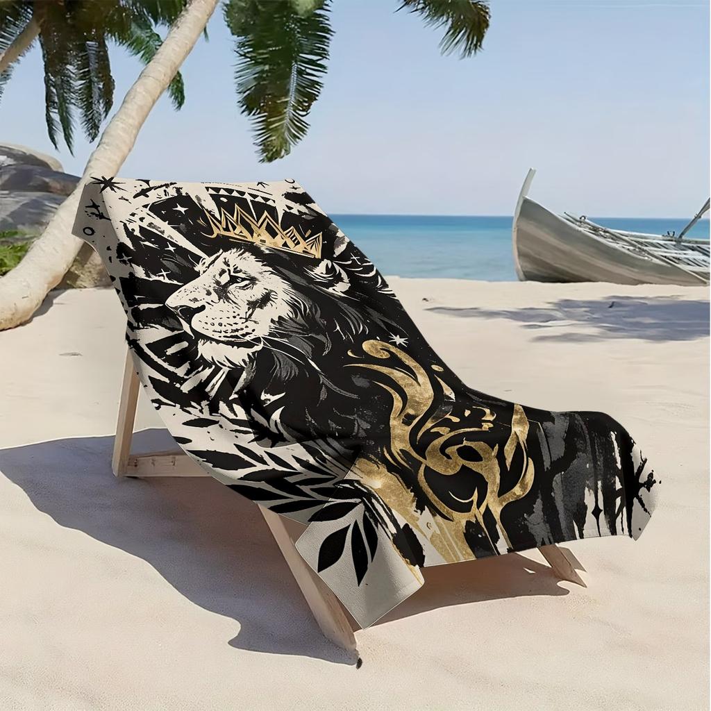 Retro lion crown with stars and moons polyester microfiber beach towel is highly absorbent, suitable swimming and beach outings