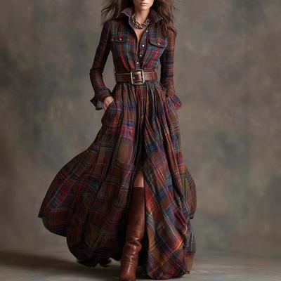 European American Women's Shirt Maxi Dress Autumn Casual Long Sleeve Button Pocket Plaid Print Lapel Retro Long Dress Vestidos