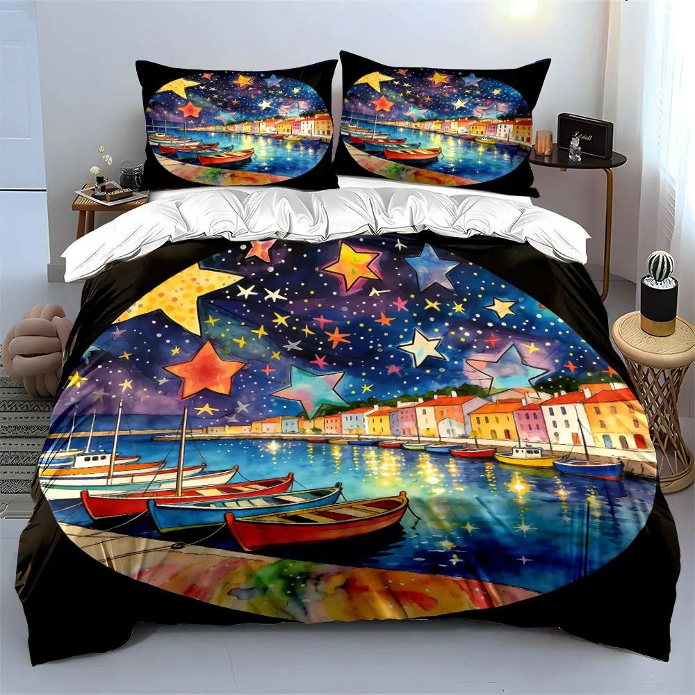 Starry Night Harbor Decoration Set Soft Comfortable Duvet Cover Bedding Set Included 1*Duvet Cover & 2*Pillowcases gift