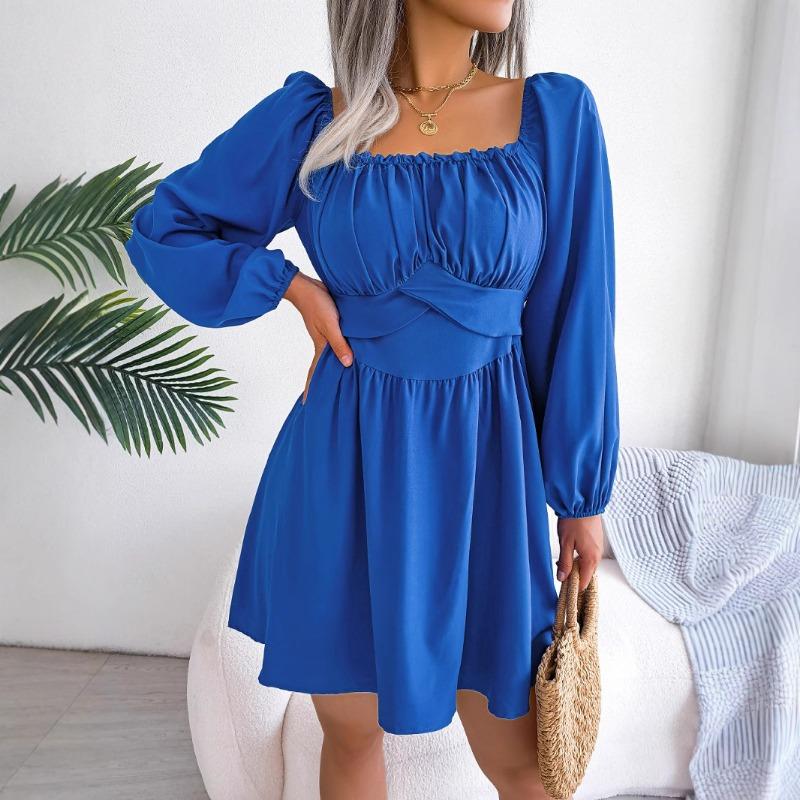 Abito da Donna Primavera Estate Tempo Libero Monocolore Orecchio di Legno Collo Quadrato Vita Svasata