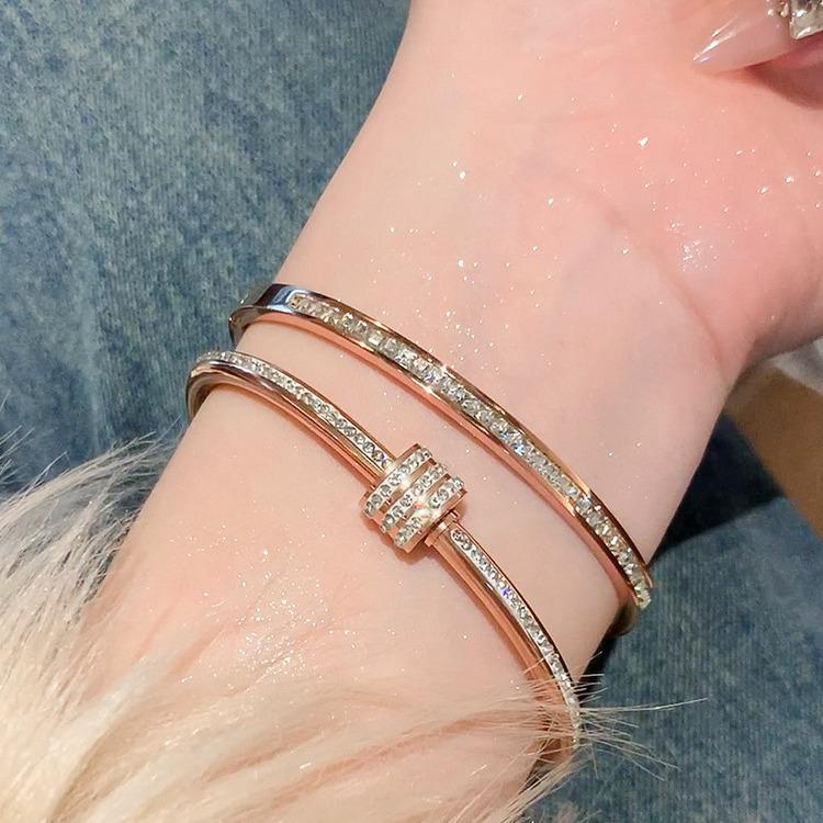 Gold Plated Zircon Titanium Steel Korean Minimalist Bangle | Versatile High-End Bracelet for Women
