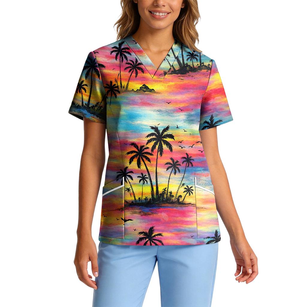 Women's Stretch Quick-Dry V-Neck Short Sleeve Workwear Top with Hawaiian Print & Pockets
