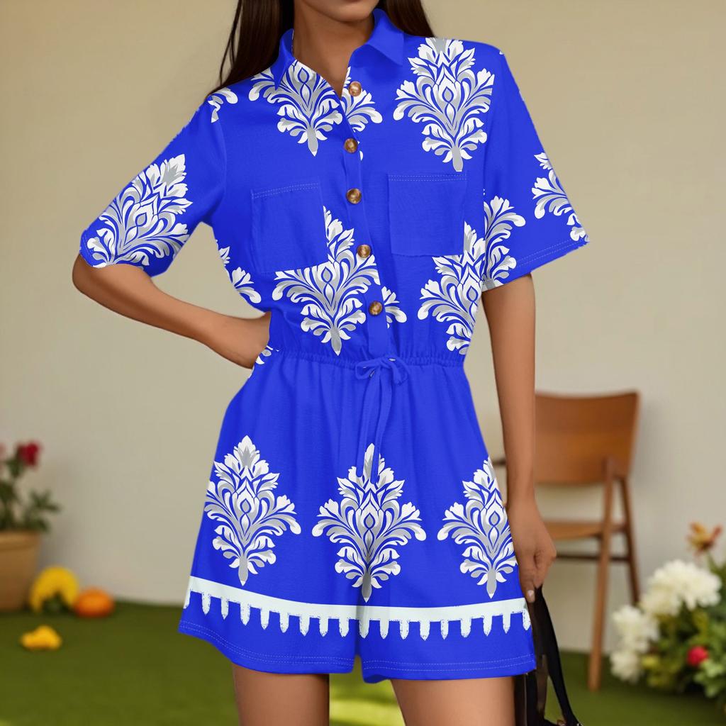 Women's Fashion V-neck Jumpsuit Plaid Casual Short Sleeve Top Jumpsuit