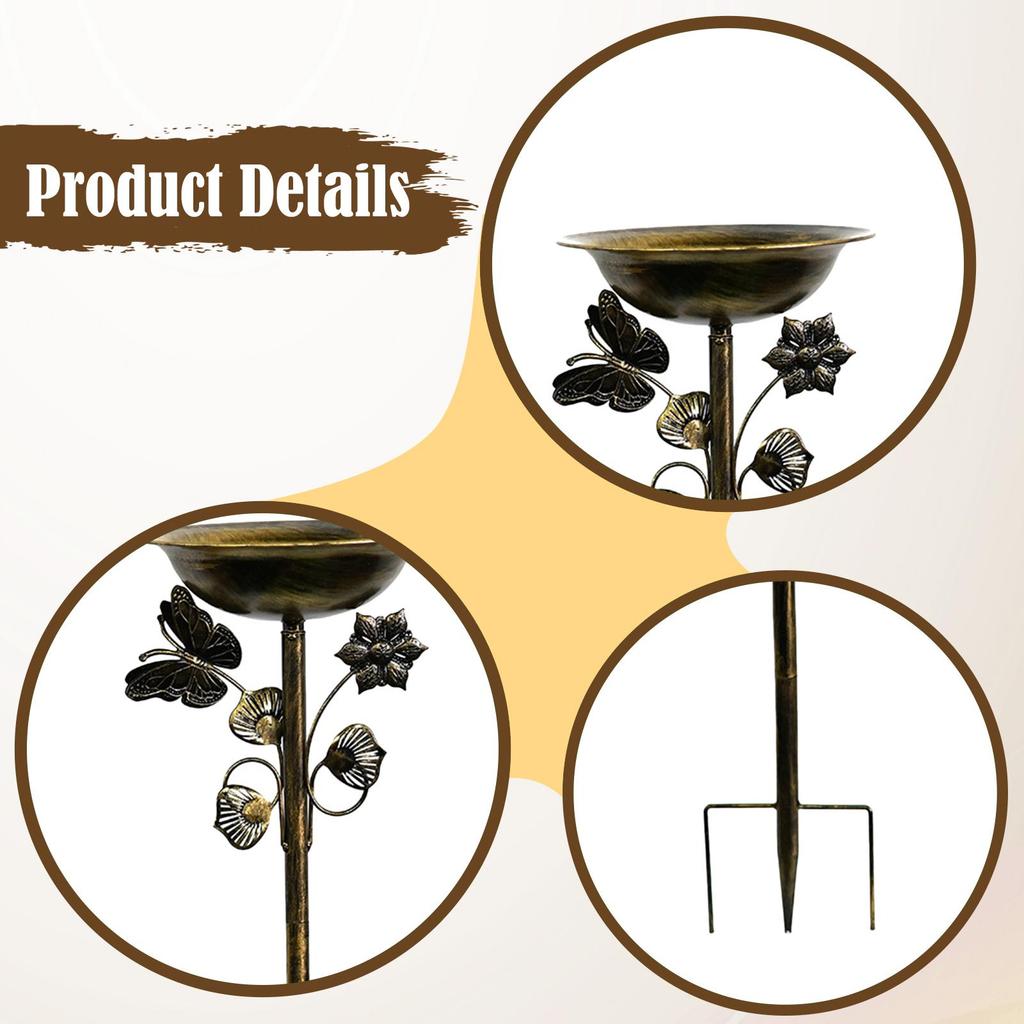 Outdoor Bird Bath Decorative Standing with Stake Elegant Iron Art Weather