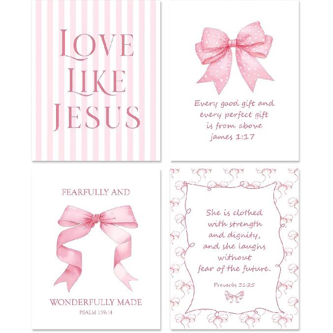 Pink Room Decor Aesthetic Wall Art Prints Poster, 8x10 Inch Canvas Prints Unframed Set of 4 Posters for Teen Girls Bedroom Dorm Decor