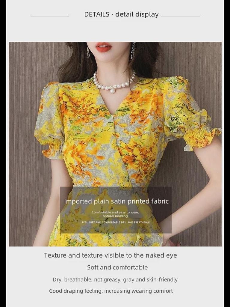 French Retro Floral Chiffon Dress: Summer Beach-Ready Irregular Skirt