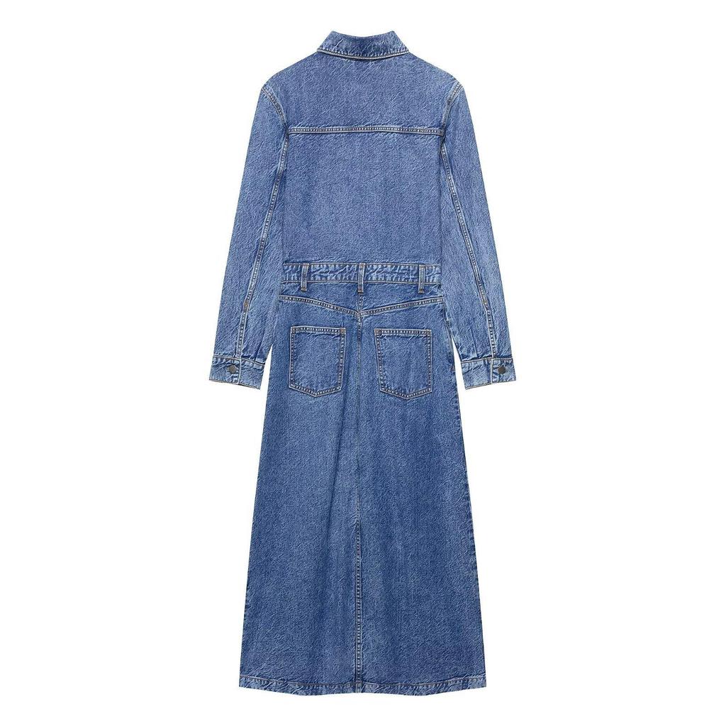 Spring Women's Denim Lapel Long Sleeve Dress