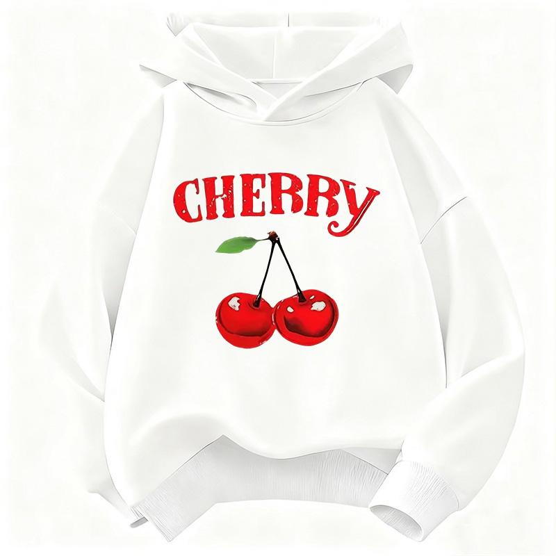 Stylish Kids Hoodie Pullover, Cute Hand Drawn Cherry Fruit With CHERRY Text Art Graphic Sweatshirt, Autumn Winter Casual Long Sleeve Top for Children