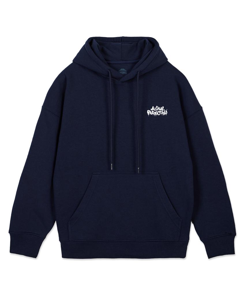 Brush Graffiti Lettering Oversized Wide Shoulder Hoodie_Navy