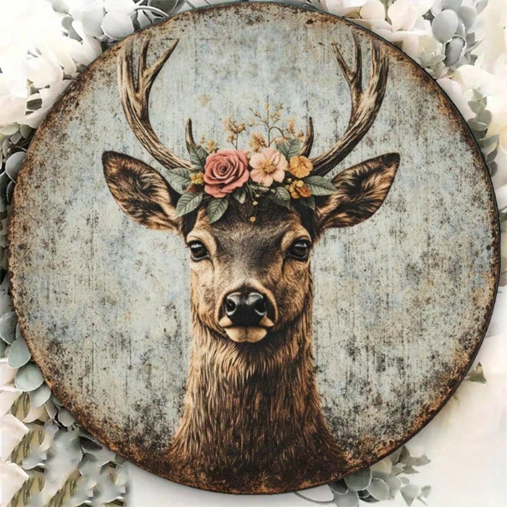 Vintage Deer Head Wreath Sign 8x8in, Rustic Round Antler Plaque, Flat 2D Wall Art for Living Room Bedroom Decor