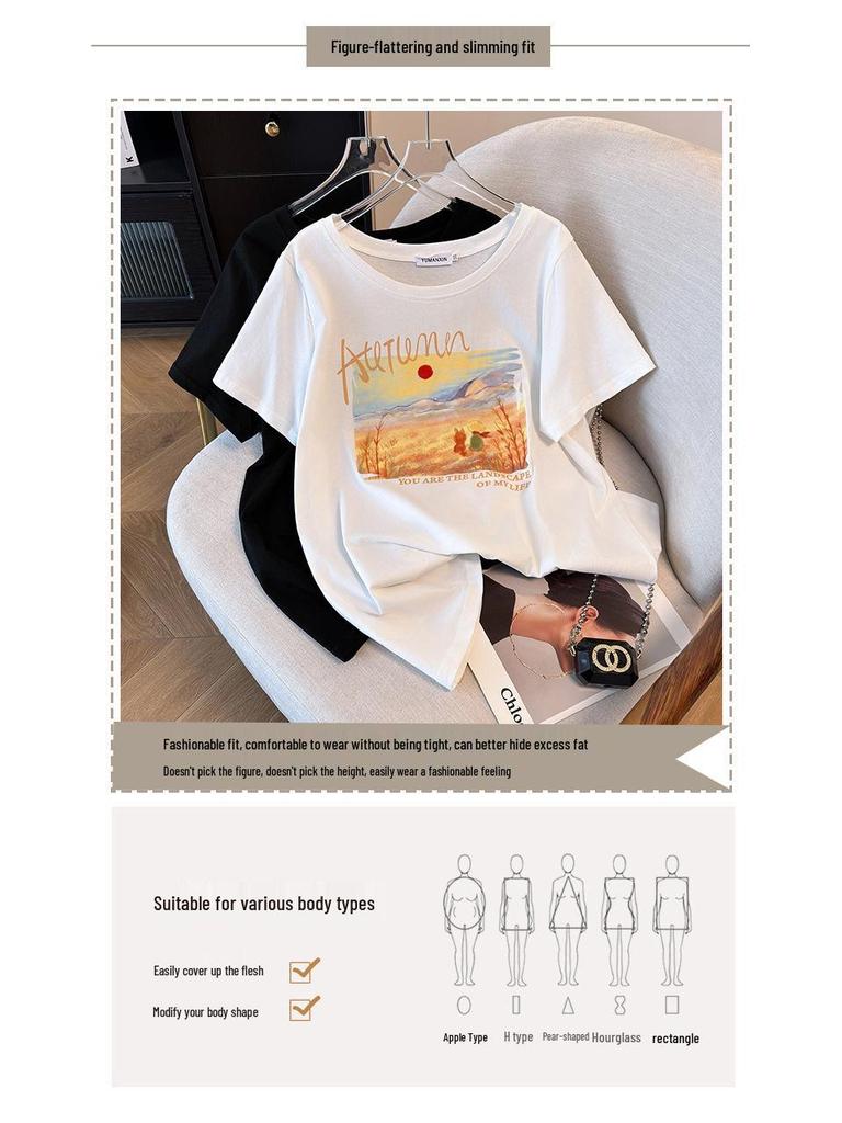 Plus Size Loose Mid-Length Round Neck Short Sleeve T-Shirt for Women
