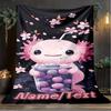 1PC Custom Name Axolotl Cherry Blossom Drink Outdooor Flannel Blankets Throw Blanket All-Season Throw Gift Bedspread for Couch, Bed, Camping Holiday B
