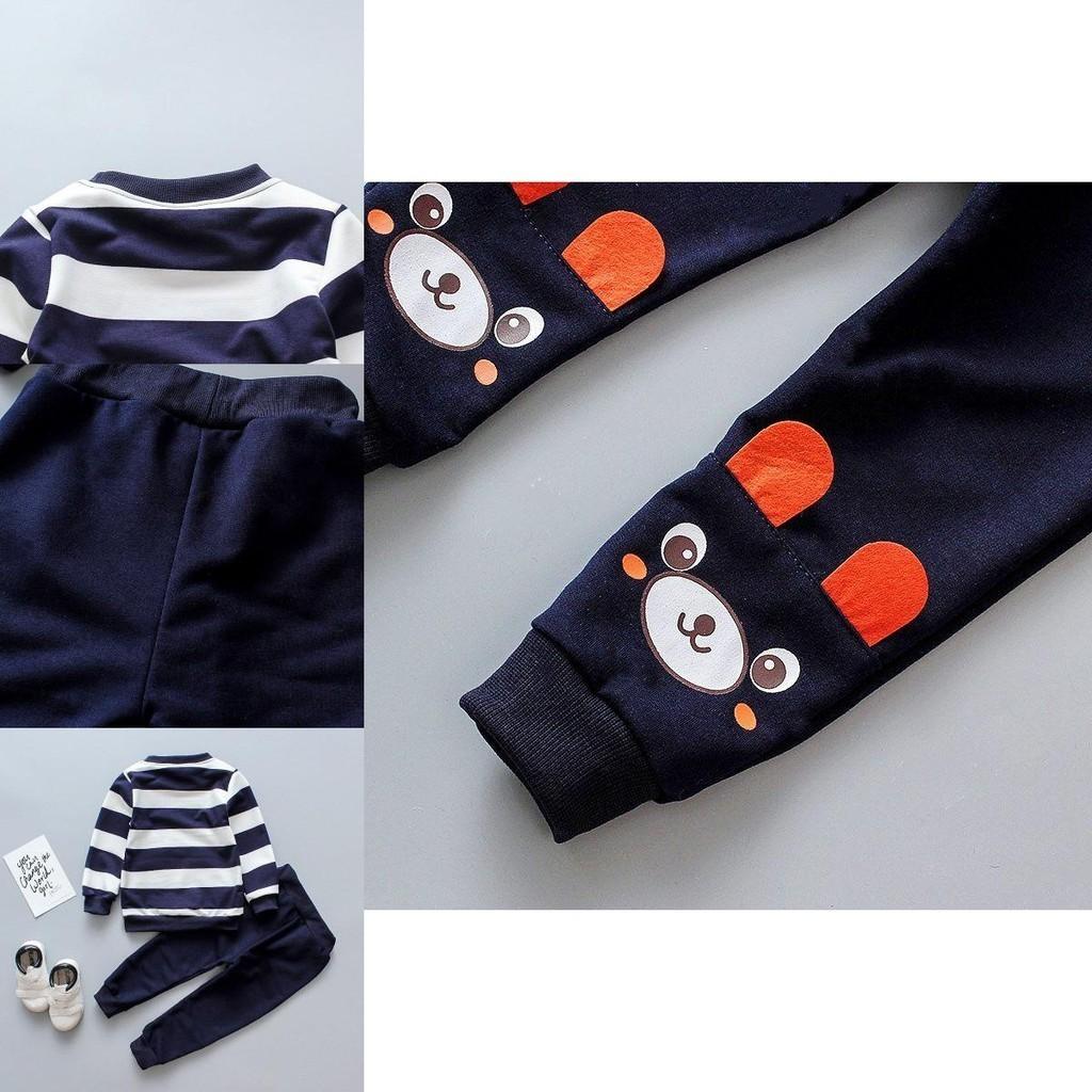 Stylish Bear Stripe 2pcs Toddler Kids Baby Boy Girl Sweater Coat Tops+pants Outfits Clothes Set