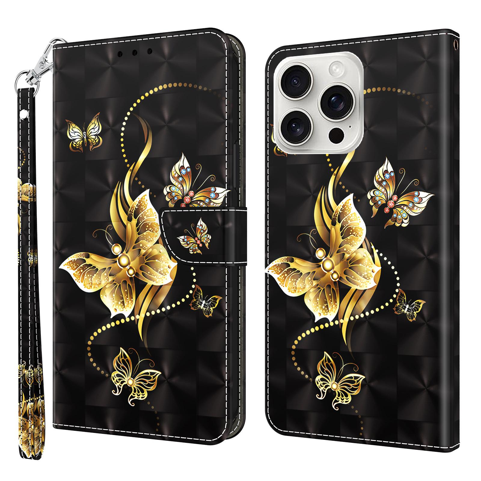 

Для iPhone 16 Pro Чехол Подставка Печать узора Кожаный чехол для телефона Golden Butterfly