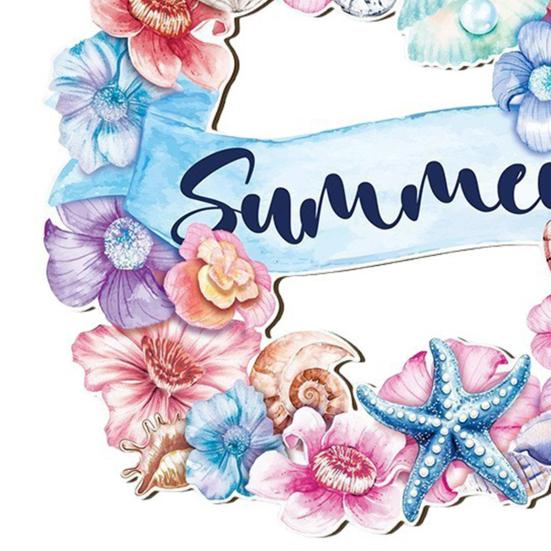 Summer Flower Shell Seastar Welcome Sign for Front Door Wooden Wall Hanging Sign Coastal Beach Round Wreath for Outside Porch Decor