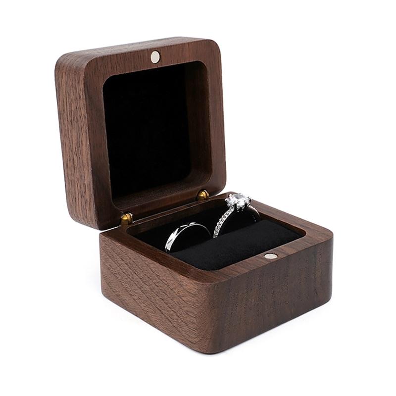 Multifunctional Small Jewelry Box Square Shape Organizer Mini Wooden Ring Box Soft Interior Holder for Proposal Wedding