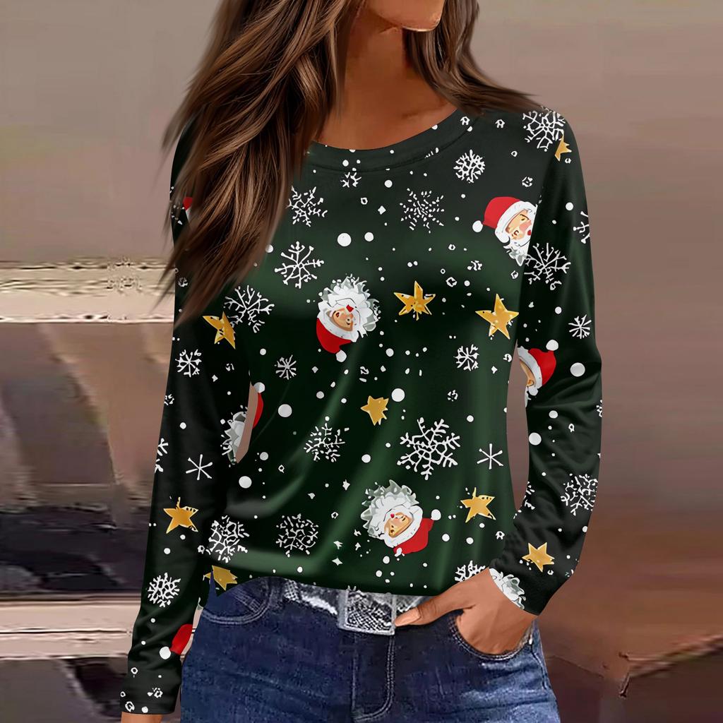 Women's Fashion Casual Slit Hem Round Neck Long Sleeve Loose Christmas Printed T-Shirt Ladies Top