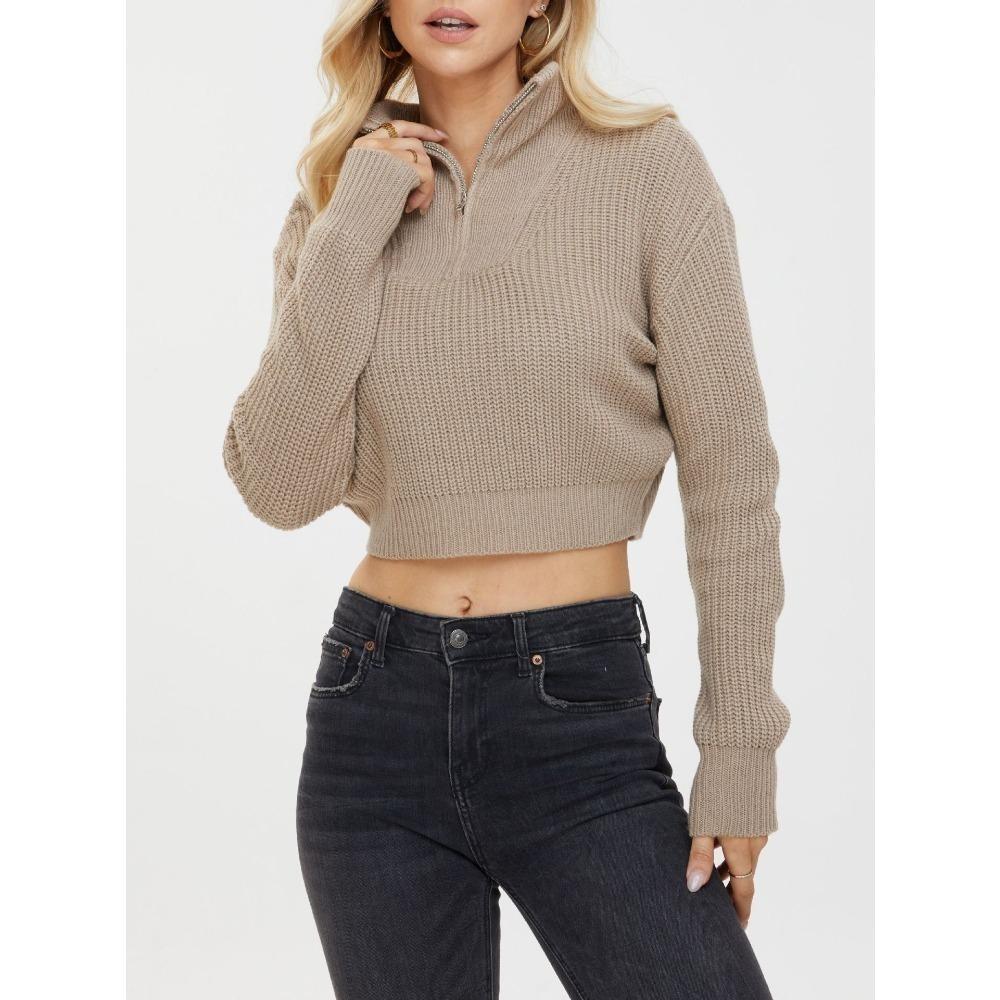 Einfarbiger Reißverschluss-Pullover für Damen im Herbst und Winter, schlanker V-Ausschnitt, langärmliger Pullover