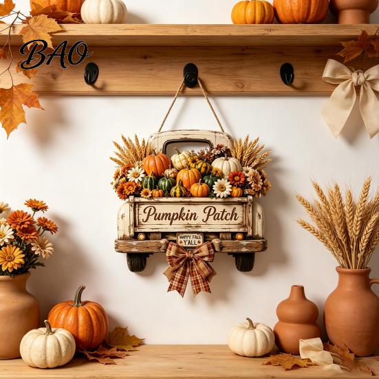 Outdoor Front Door Hanging Decor Harvest Pumpkin Truck Sign for Door, Wooden Fall with Retro Pickup Home Hemp Rope, Distressed Farmhouse Welcome Sign,