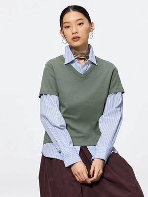 Baumwolle, glatt, V-Ausschnitt, T+ec