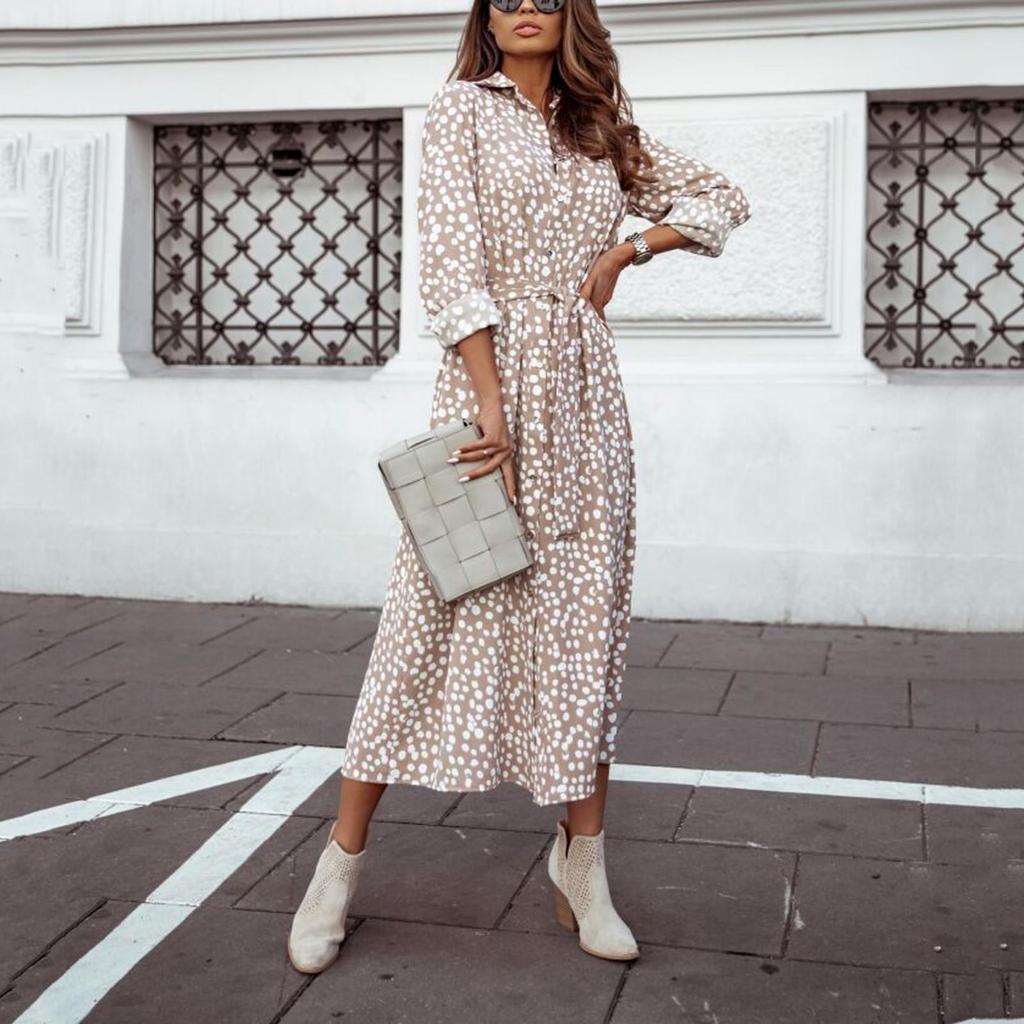 Women Leopard Chiffon Long Sleeve Printing Casual Party Vintage Boho Maxi Dress