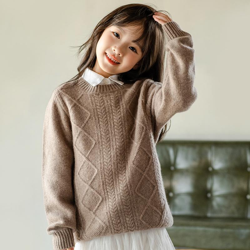 Children's 100% Wool Cable Knit Sweater - Unisex Round Neck for Autumn/Winter
