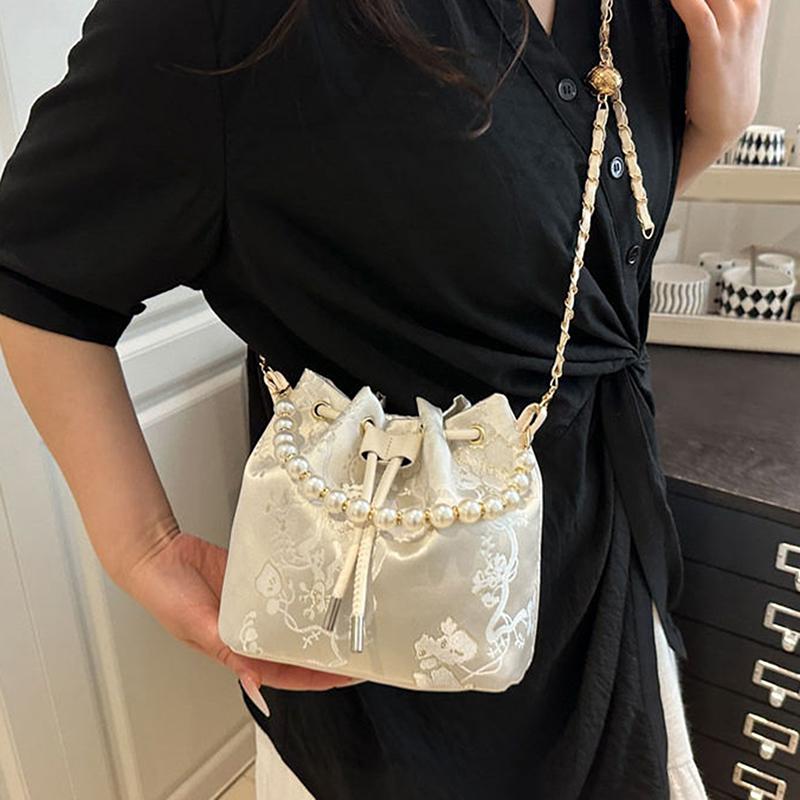 Pearl Chain Bucket Bag Women's Shoulder Bag Simple New Chinese Style Retro Crossbody Bag
