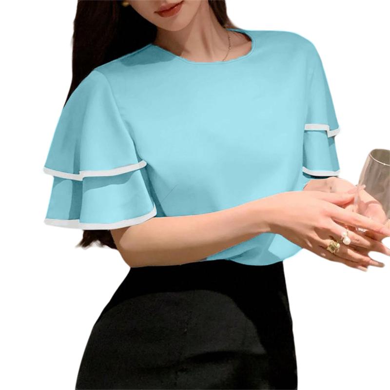 

ZANZEA Женская повседневная свободная блузка с круглым вырезом и оборками с короткими рукавами S синий