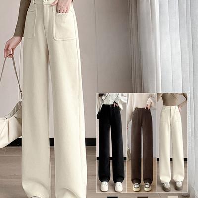 Chenille Narrow Wide-Leg Pants Autumn Winter High Waist Plus Size Draped Suit Pants Fleece-Lined Casual Corduroy Straight Pants