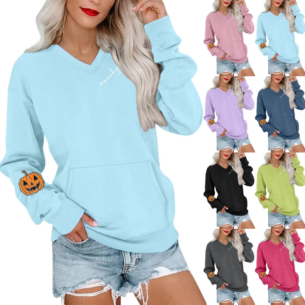 Women's Casual Fashion Halloween Print V-Neck Long-Sleeve Sweatshirt Lightweight Pullover Hoodie With Pockets