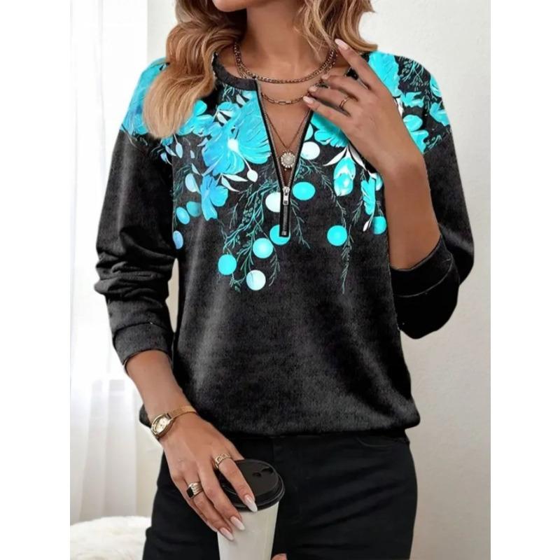 Women's Elegant Printed Zipper Long-sleeved Top, Stylish and Versatile for Autumn and Winter Casual and Office Wear, Machine Washable