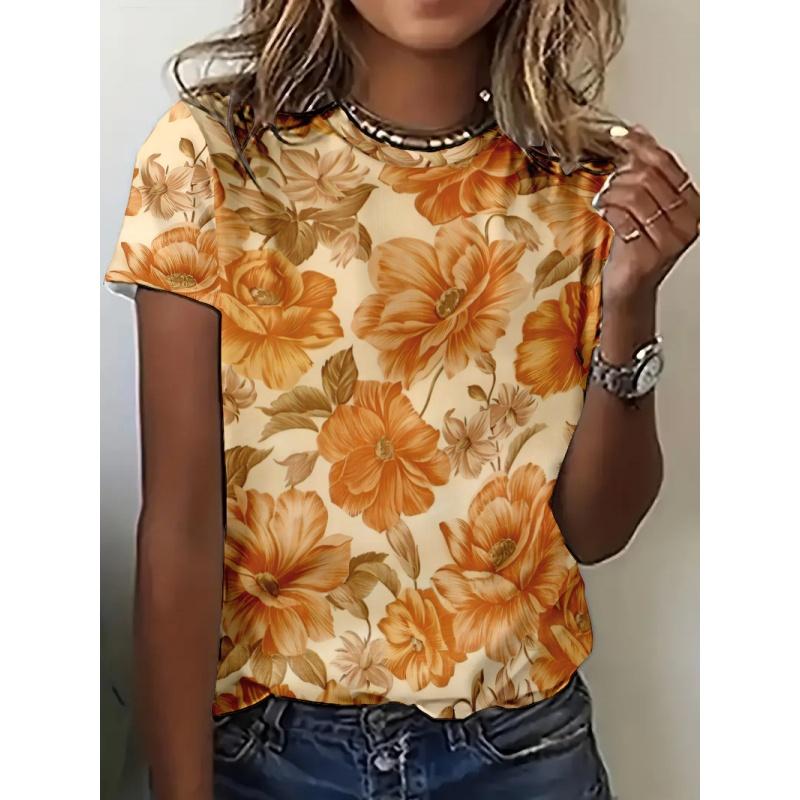 Fun Plants Pattern T Shirt For Women Colorful Flowers 3D Printed Short Sleeves Tees Summer