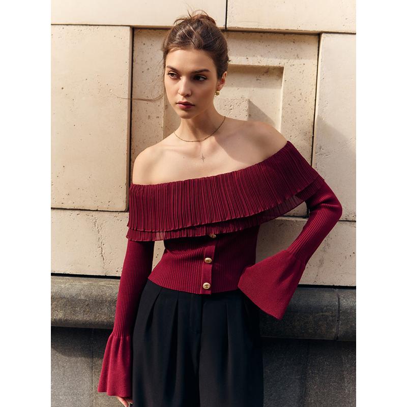 

Женский новый свитер-топ с вырезом на одно плечо, вязаный свитер с длинным рукавом, топ со вставками на пуговицах S вино красного