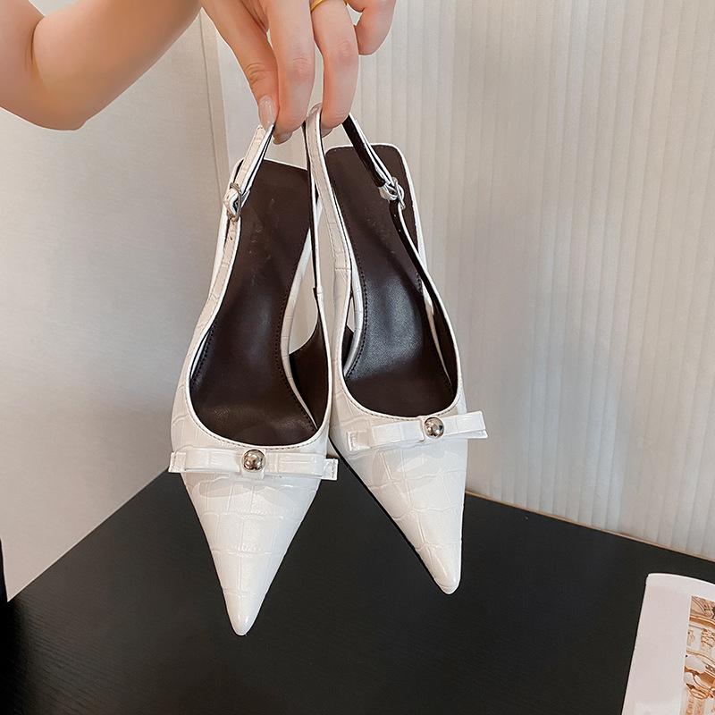2025 spring and autumn new pointed head shallow mouth bow bag head sandals stiletto crocodile pattern black sexy high heels women