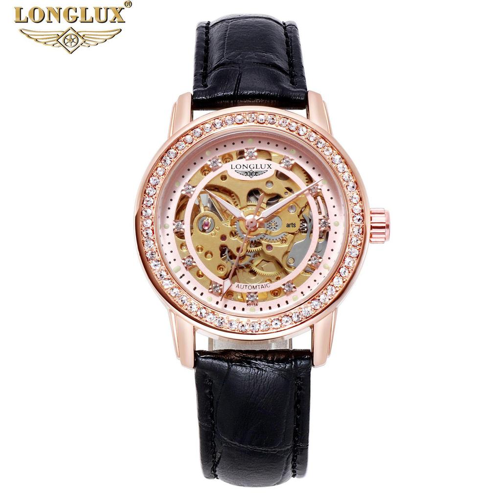 LONGLUX Women's Fashion Skeleton Automatic Watch with Water Resistance and Diamond Accents