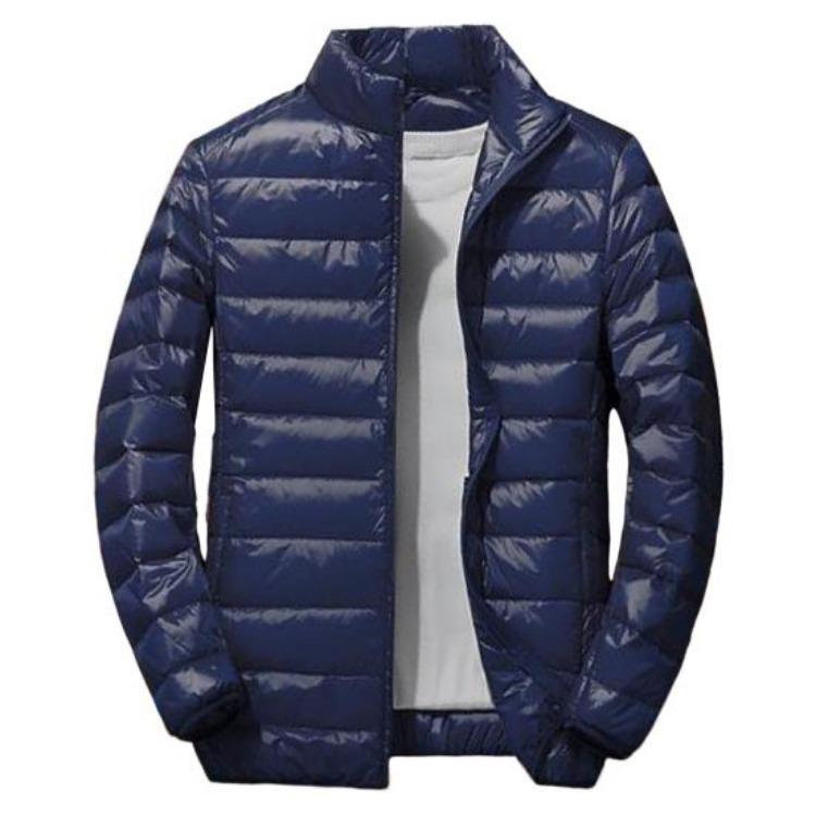 Lightweight Quilted Down Cotton Jacket for Men Stand Collar Long Sleeve Zipper Closure with Side Pockets