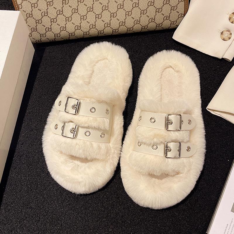 Internet celebrity popular fluffy slippers women wear autumn and winter plush slippers go out soft bottom versatile new thick bottom cotton mop