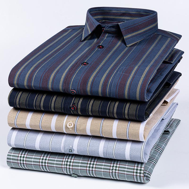 Plus Size Cotton Long-sleeve Shirts for Men Slim Fit Formal Plain Shirt Soft Plaid Striped Tops Office Elegants Clothes