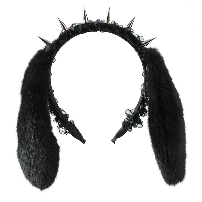 

Edgy Spiked PU Headbands Rabbit Ears Unisex Punk Rock Lace Hair Accessory For Concerts Daily Outfits чорний