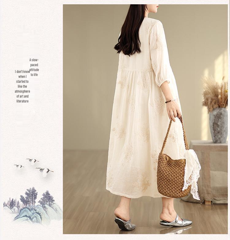 Elegant French Fairy Dress - Women's Heavy Embroidery Ramie Long White Dress