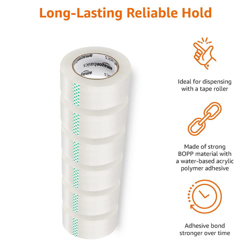 Amazon Basic Packaging OPP 48mm Wide x 100m Pack of Clear Tape, Long, Double-Length Roll, 6,