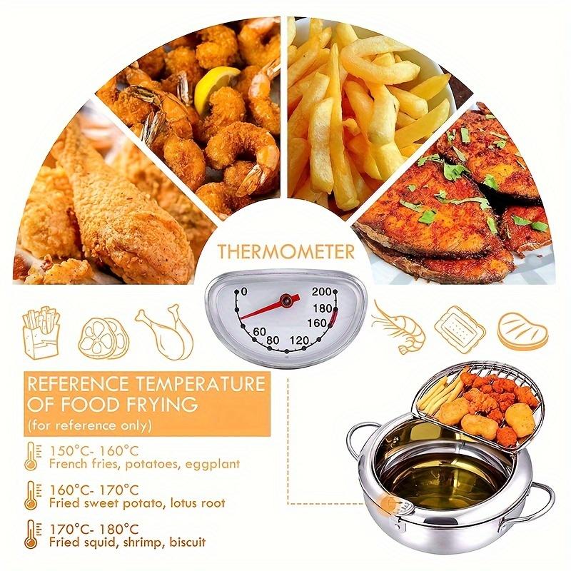 1pc 304 Stainless Steel Deep Fryer Pot, Frying Chicken Pot, Tempura Deep Fryer with A Thermometer and A Lid, Japanese Style Tempura Fryer Pan