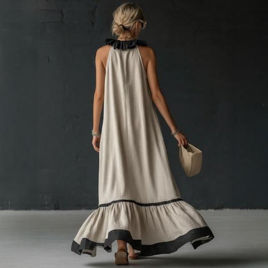 Women's Summer Halter Maxi Dress Ruffle Trim Sleeveless Flowy Long Dress Casual Beach Vacation Sundress