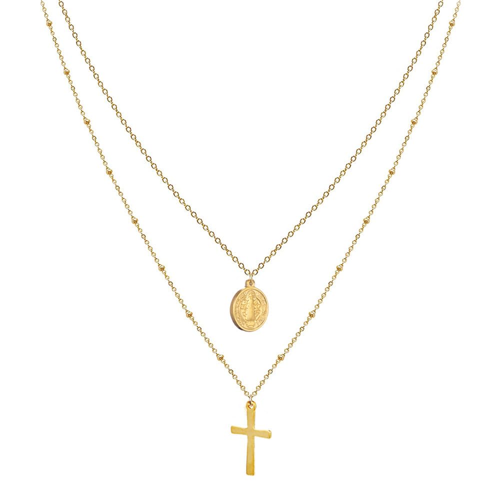 Nazareth Store Mehrreihige Kreuz-Halskette für Damen, edle 14 Karat vergoldete 45,7 cm lange Halskette mit der Medaille des Heiligen Benedikt, Schutzamulett, Kette, goldenes Halsband
