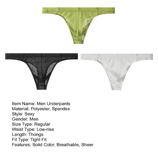 3Pcs Men Sheer Mesh Thongs Breathable Low Waist Sexy Underpants Solid Color Tight Fitting Thong Briefs for Daily Wear
