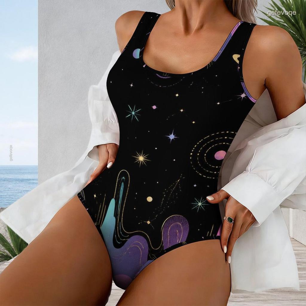 Women Plus Size U Neck Sleeveless One Piece Swimsuit Vintage American Flag Print Red Blue White
