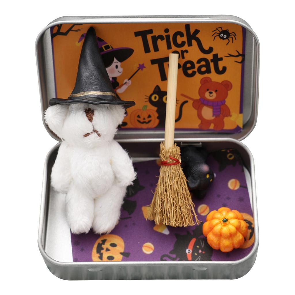 Witch Bear in A Box with Witch Blanket Broom Cape Pumpkins Cats Miniature Witcher Teddy Gift Box Halloween Fillers Gifts Party