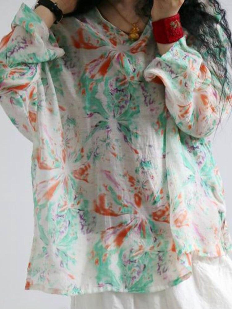 Vintage Floral Print Linen Tshirt Women Long Sleeve Loose Casual Summer Thin Tshirts Comfortable Fashion Top